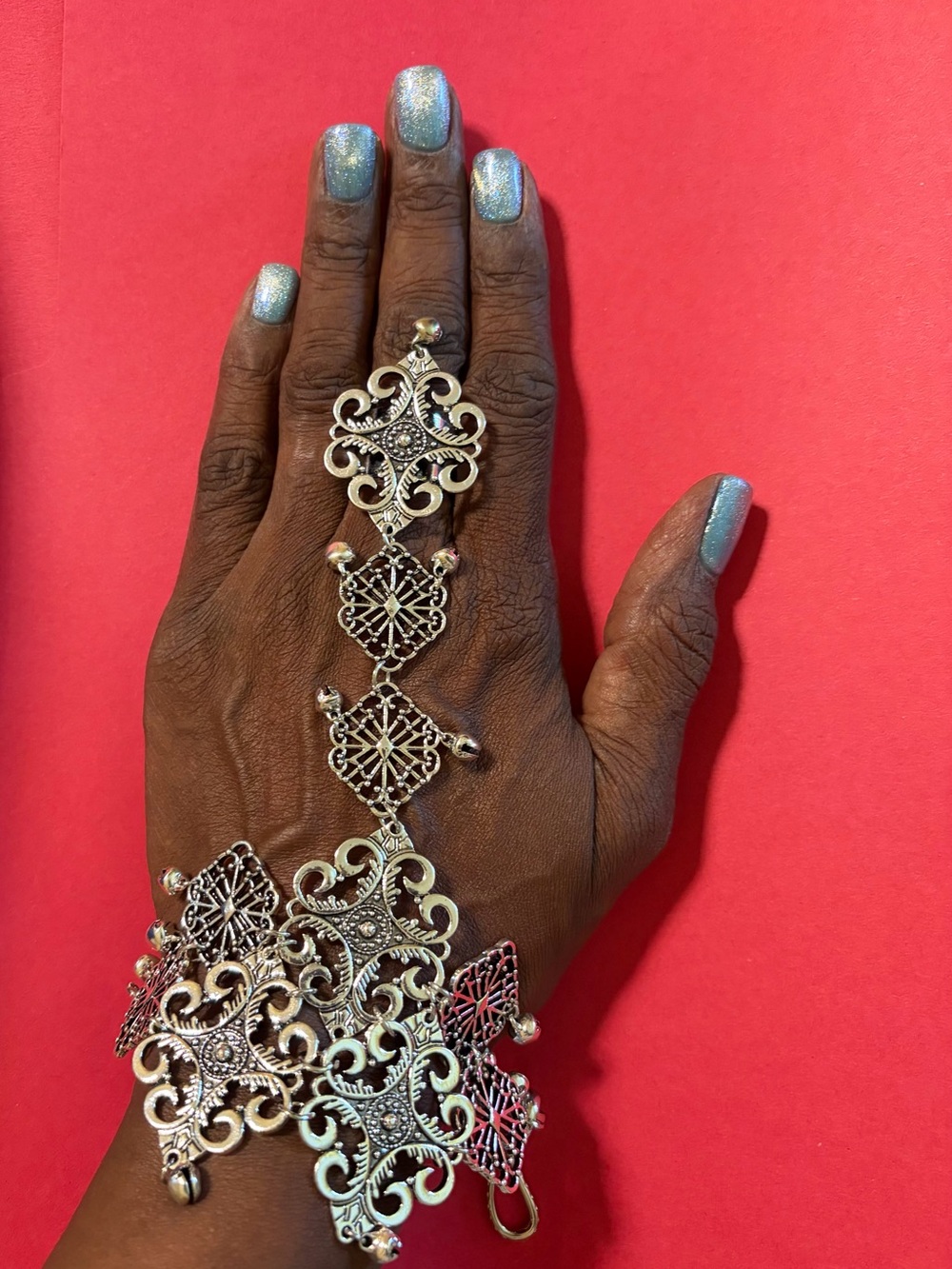 Sassy Jones Silver Filigree Hand Chain Bracelet